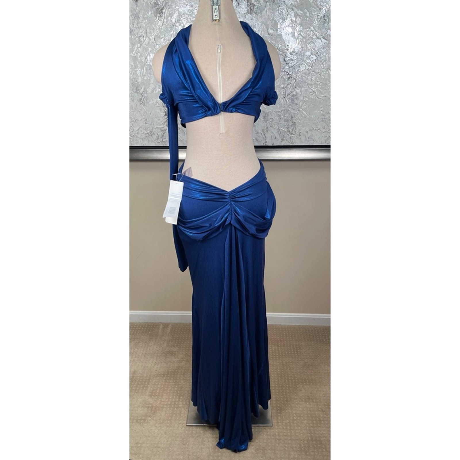 Di Petsa Moonlight Off The Shoulder Ruched Cutout Metallic Blue Maxi Dress Sz M — image 7 of 8